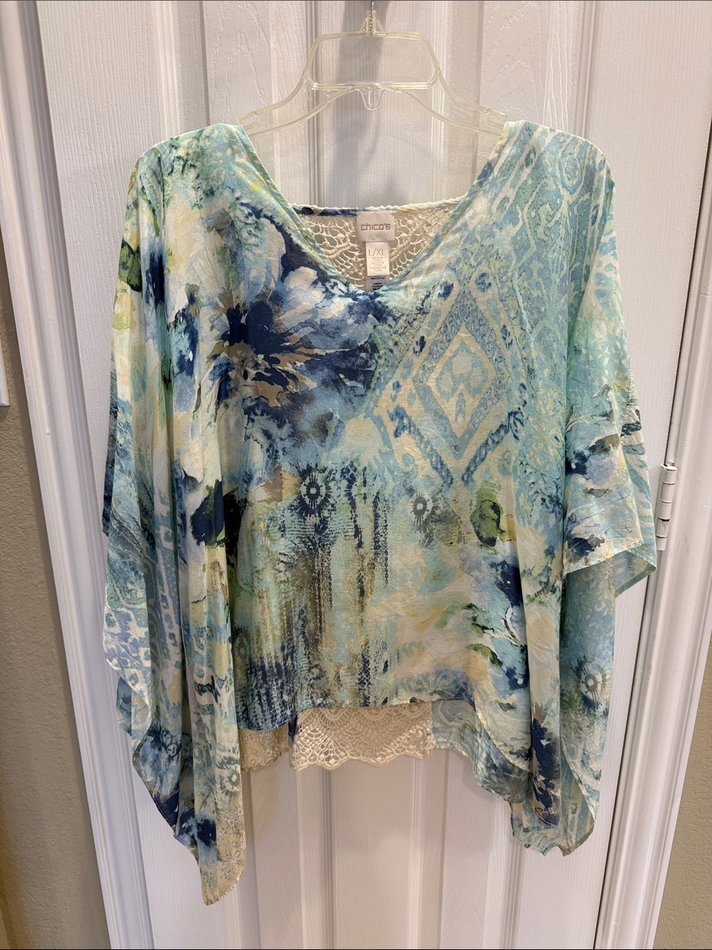 Chico's Blue, Aqua & Navy Watercolor V-Neck Tunic with Lace Hem